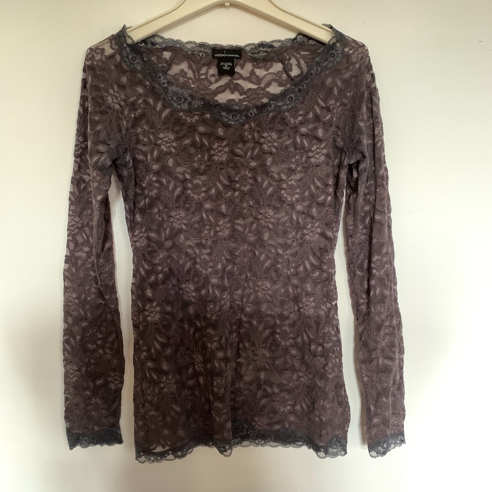 Silver Long Sleeve Sheer Lace Top